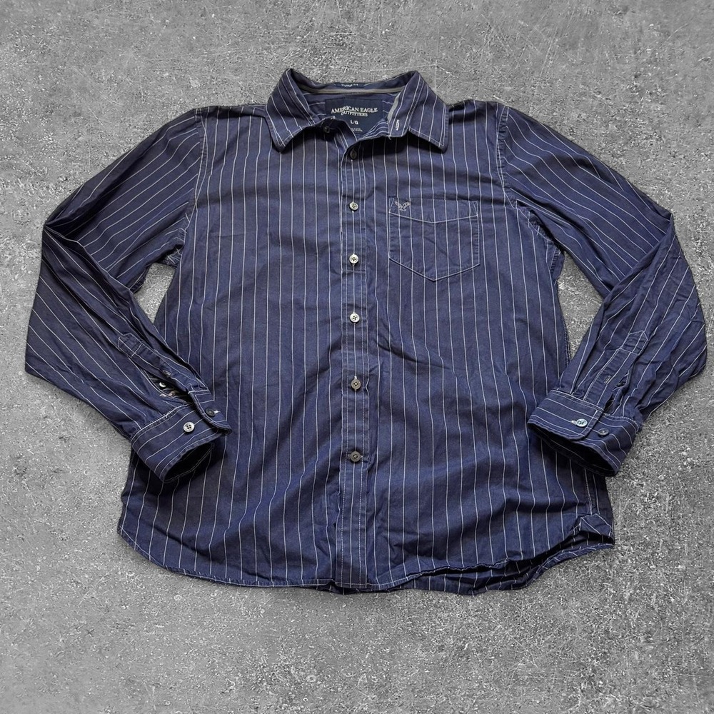 American Eagle Outfitters Mens Navy Blue Pinstripe Button Up Shirt Vintage Fit L